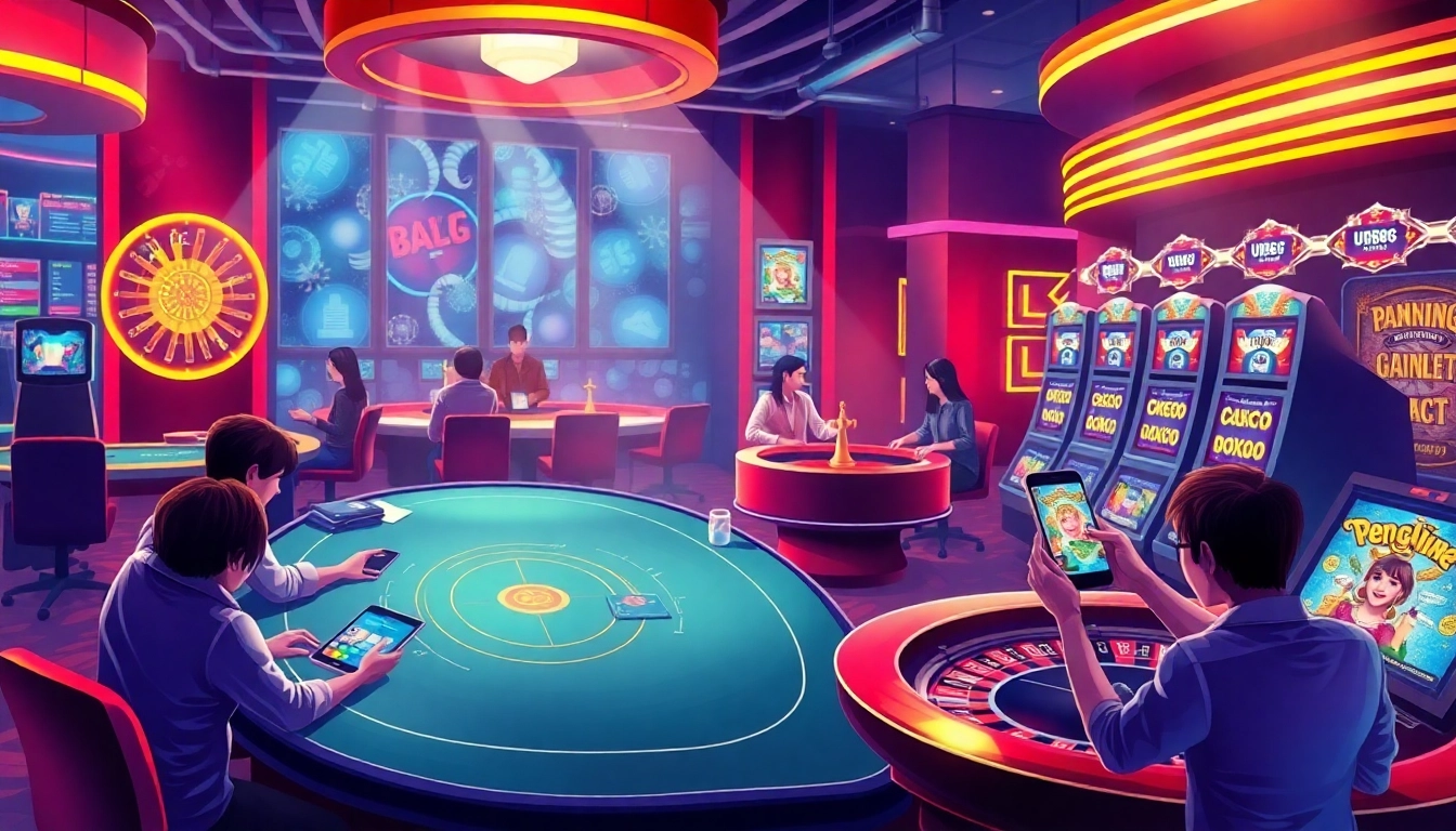 Players enjoying online gambling at UU88 casino with vibrant tables and games.