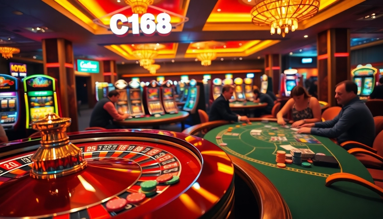 C168 casino scene featuring an engaging poker game with chips and cards, adding excitement to the lively atmosphere.
