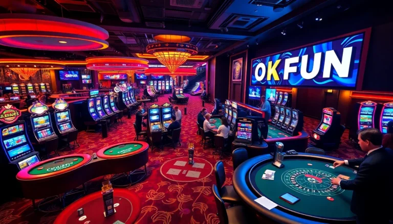 Exciting casino scene featuring bustling players and vibrant signage of OKFUN amidst poker and slot games.