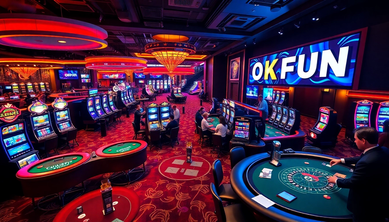 Exciting casino scene featuring bustling players and vibrant signage of OKFUN amidst poker and slot games.