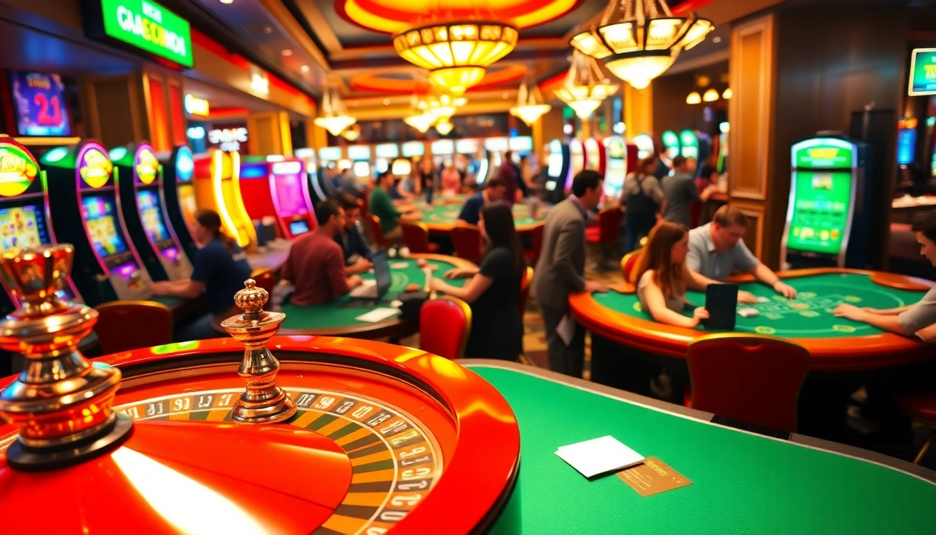 Players enjoy casino games like poker and blackjack at https://lc88.blog/, featuring vibrant slot machines in a thrilling setting.