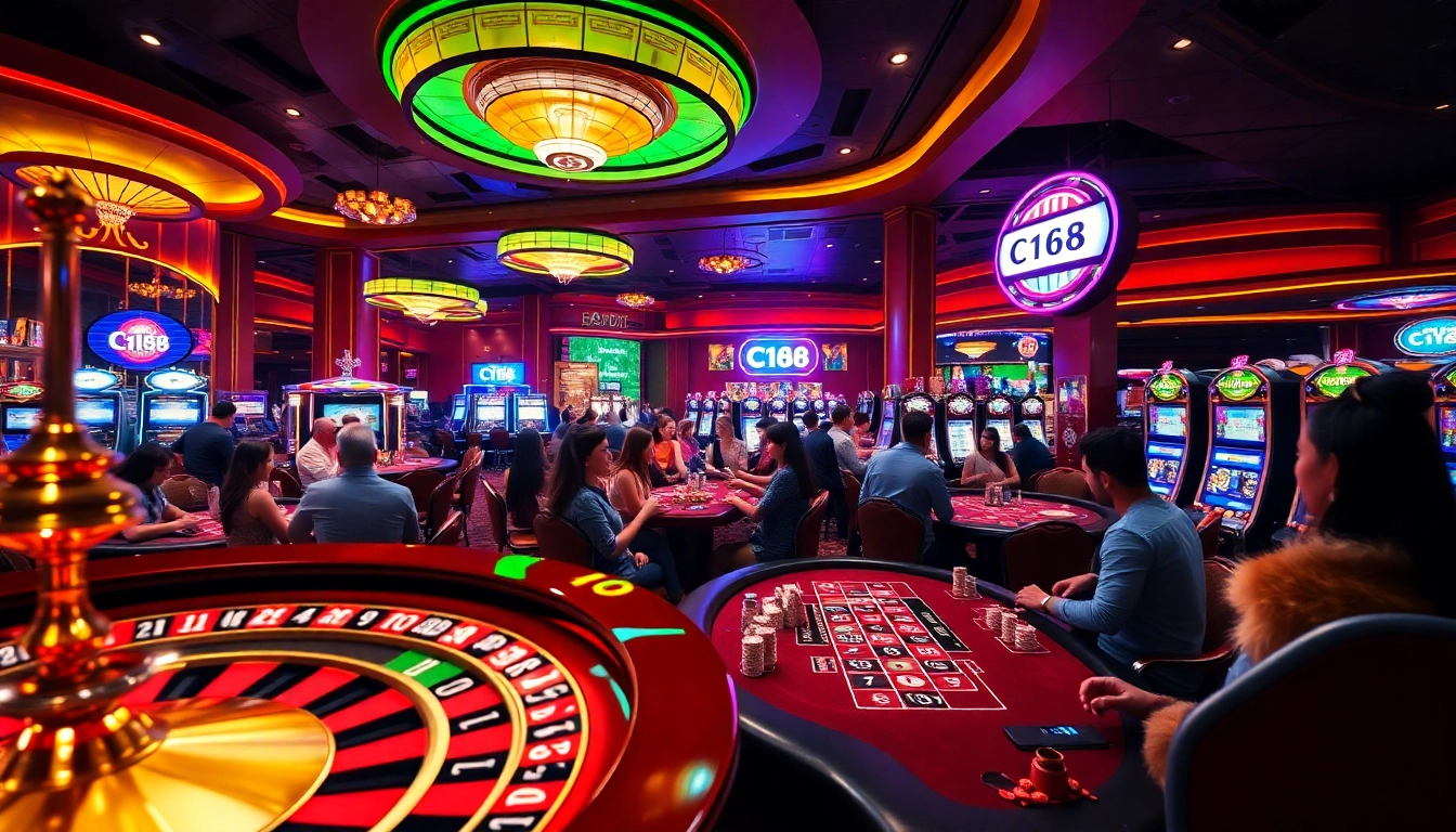 Experience the thrilling khuyến mãi C168 with casino guests enjoying vibrant games at slot machines and poker tables.