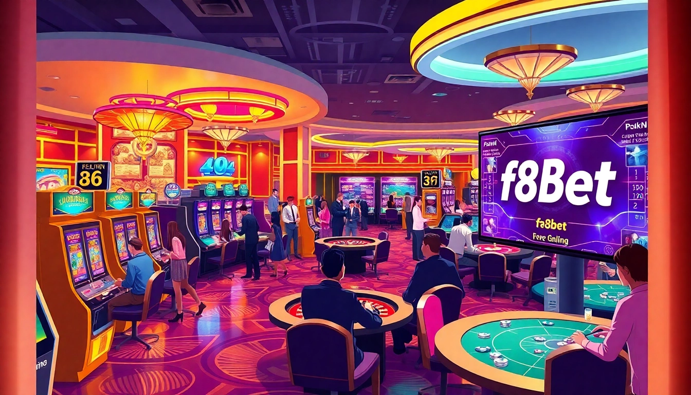 Experience f8bet excitement in a dazzling casino with poker games and roulette tables.