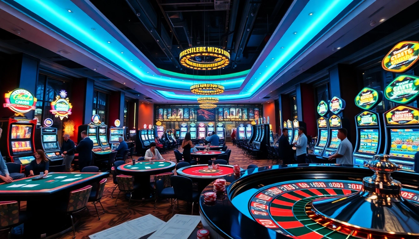 Experience the thrill at uu88 with bustling casino tables, vibrant slot machines, and a captivating roulette wheel.