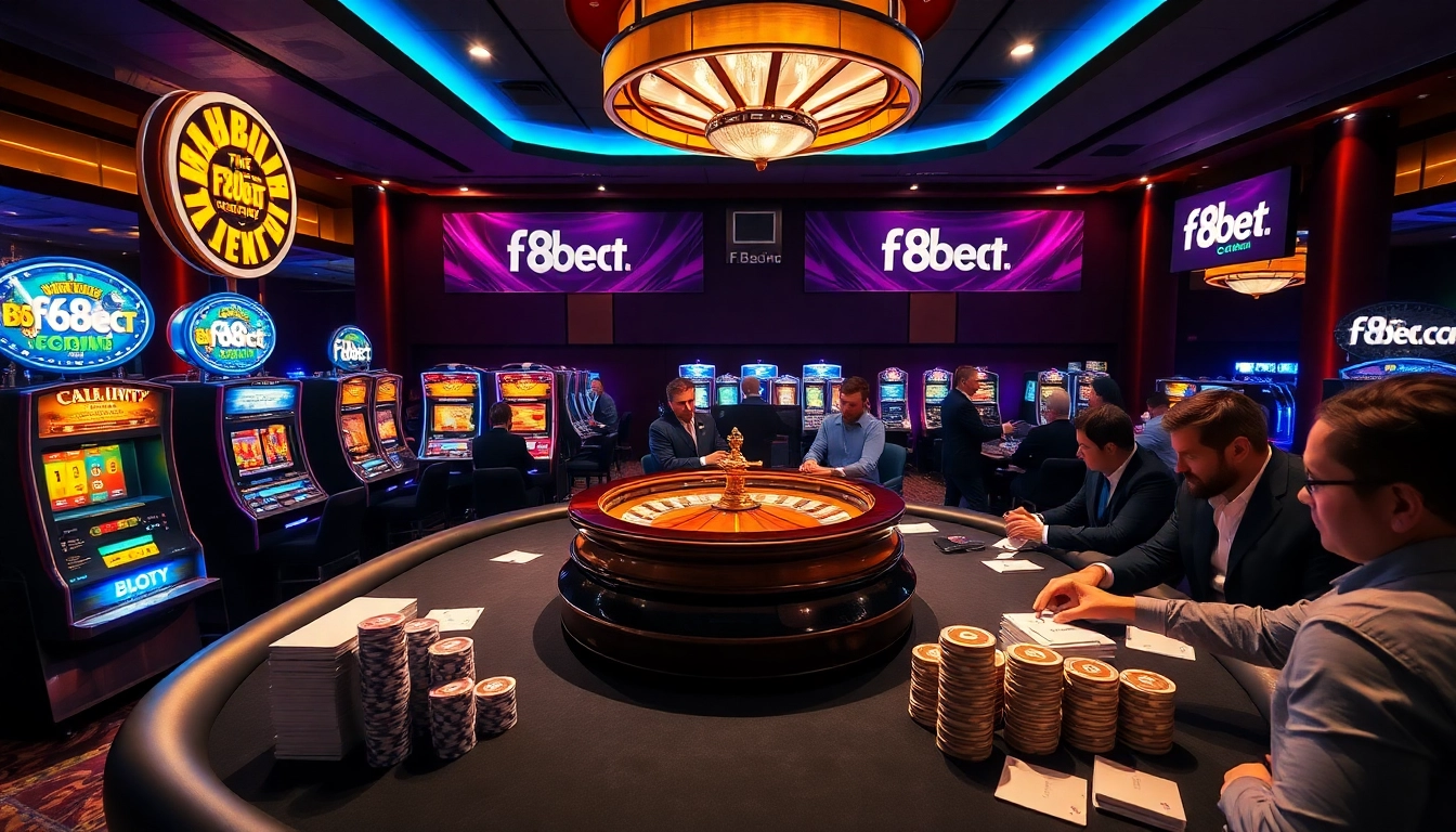 Exciting night scene of players at f8bet.com engaging in a thrilling poker game with colorful chips and vibrant casino lights.
