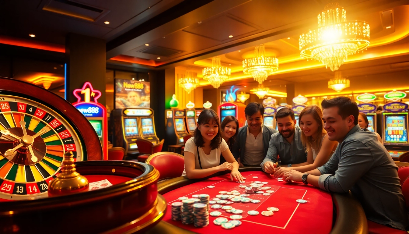 Engage in thrilling casino action at new888 with players at a poker table and a roulette wheel in a vibrant setting.