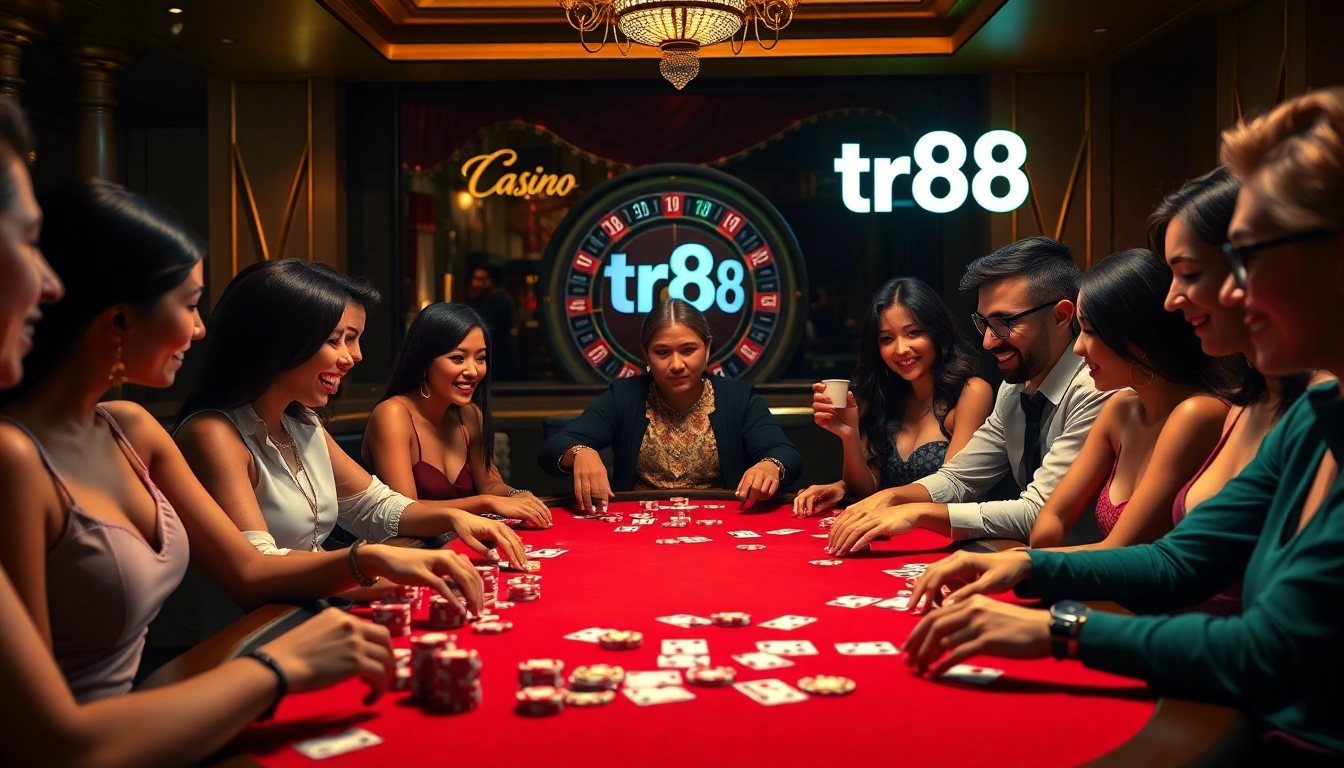 tr88 poker table scene with diverse players, vibrant chips, and live action.
